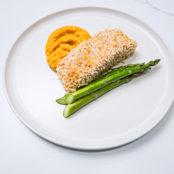 Parmesan Crusted Salmon with Sweet Mashed Potato and Asparagus